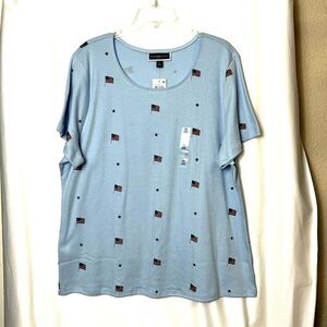 Karen Scott Essentials Basic Tee Short Sleeve Blue With USA Flags Size OX NWT